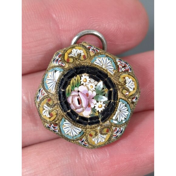 Vintage Italian Micro Mosaic Pendant Pink Rose Flower Square Brass Daisy - Picture 8 of 11